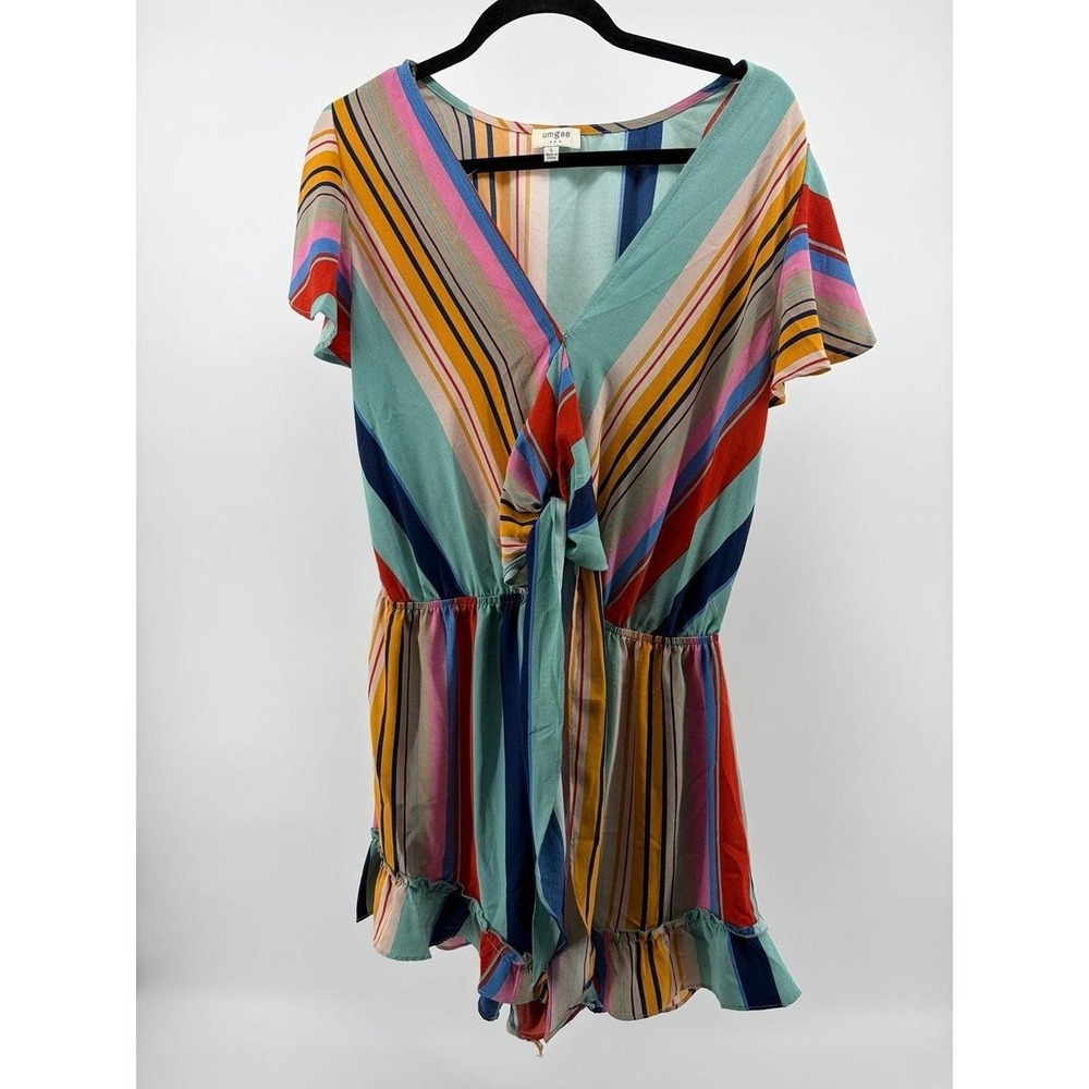 Umgee USA Women's Striped Tie Front Ruffle Romper Multicolor Size L‎